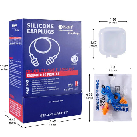 Silicone Ear Plugs 32dB Corded Reusable Hearing Protection Set Of 100 Pairs With Individual Packaging, box and measurements shown