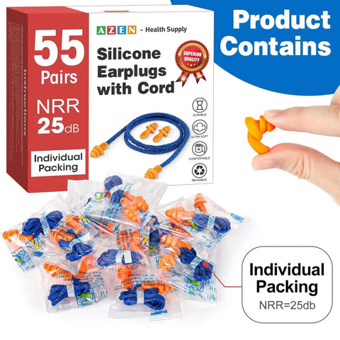 Silicone Ear Plugs 55 Pairs With Corded Design For Reusable Noise Reduction 25 dB NRR Sleep Ear Plugs With String Individually Packed