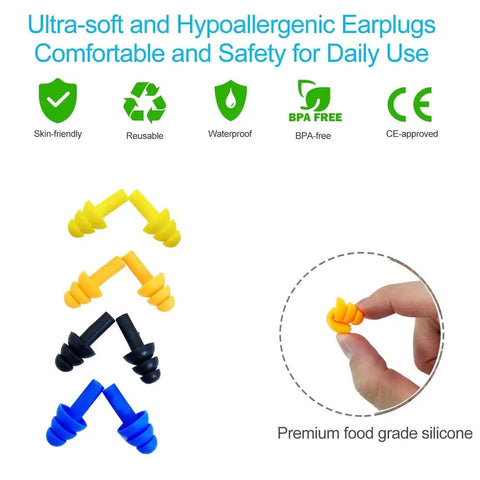 Noise Reducing Sleep Ear Plugs Set 16 Pairs Soft Reusable Silicone Earplugs With NRR 32 shown in various colors with flexible fit
