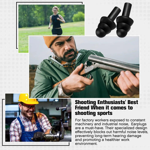 Collage of 200 Pairs Silicone Ear Plugs Soft Reusable Waterproof Ear Plugs For Sleeping Noise Reduction with various uses depicted.