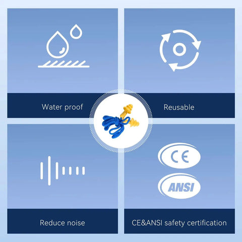 Infographic of 100 Pairs Silicone Ear Plugs With Cord For Reusable Hearing Protection And 32 Decibels Noise Reduction features.