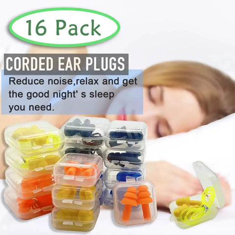 Noise Reducing Sleep Ear Plugs Set 16 Pairs Soft Reusable Silicone Earplugs With NRR 32; includes various colors in cases.