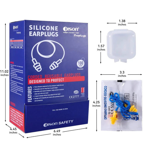 Box of 100 Pairs Silicone Ear Plugs With Cord, Reusable Hearing Protection, 32dB, Ideal for Shooting Range Work and Travel, Individually Wrapped