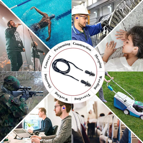 Noise Reduction Earplugs For Sleeping NRR 32 Reusable Soft Silicone Ear Plugs With Nylon Cord displayed with activity images