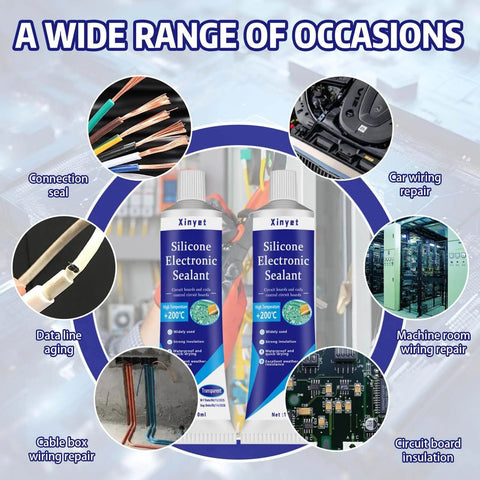 100ml Go To Electronic Silicone Sealant Adhesive For Electronics Conformal Coating And Waterproof Insulation For Circuit Boards Appliance Control Panels And LED Lamps Clear Durable Sealant For Protection Sealing And Vibration Dampening with images of uses like car wiring and circuit board insulation.