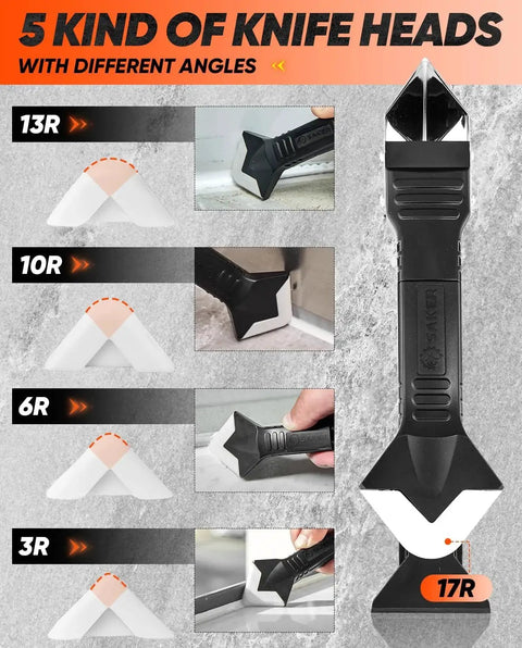 Silicone Caulking Tools 3 In 1 Finishing Tool For Sealant Grout Removal Scraper With Stainless Steel Head Perfect For Bathroom Kitchen Floor Window Sink Joints Frames Seals And Glass Glue Application And Glass Tile Grout Line Cleanup showing five replaceable knife heads with angles 13R, 10R, 6R, 3R, and 17R.
