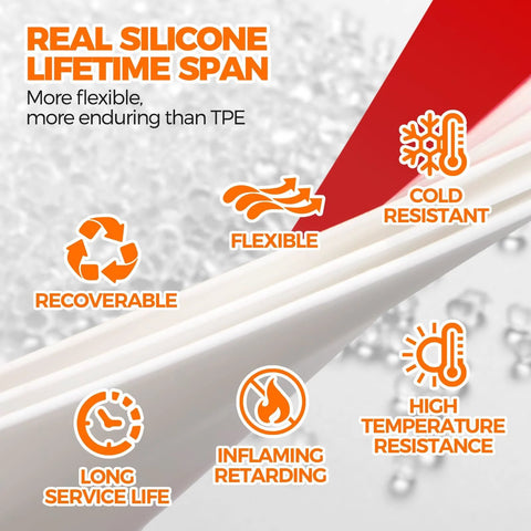 Holikme white door draft stopper strip with adhesive, showing flexible, cold- and high-temp resistant silicone features.