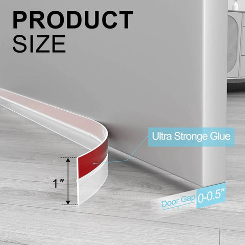 20 ft x 1 in Weather Stripping, Door Draft Stopper Silicone Gap Seal Strip installation on door for side gaps, clear, with measurements.