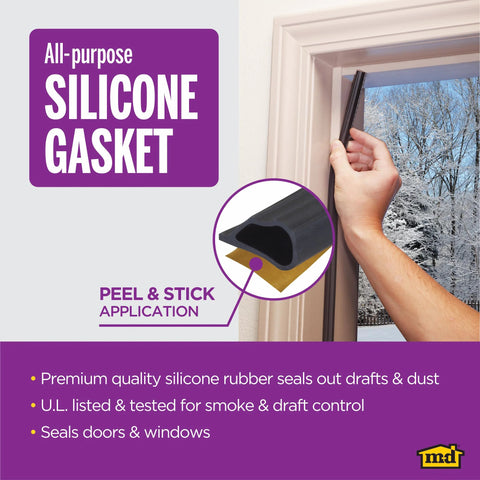 M-D Building Products silicone gasket for doors and windows, black, 20 ft, peel-and-stick.