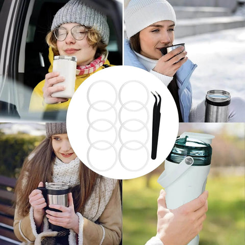 8 Pack Replacement Gasket Set For Wide Mouth Water Bottles With Flip Lid Caps Silicone O Ring Seals Rubber Gasket Stoppers Leak Proof Water Bottle Lid Gasket Replacement Kit With Tweezers For Durable Seal shown with warm drinks and outdoor settings