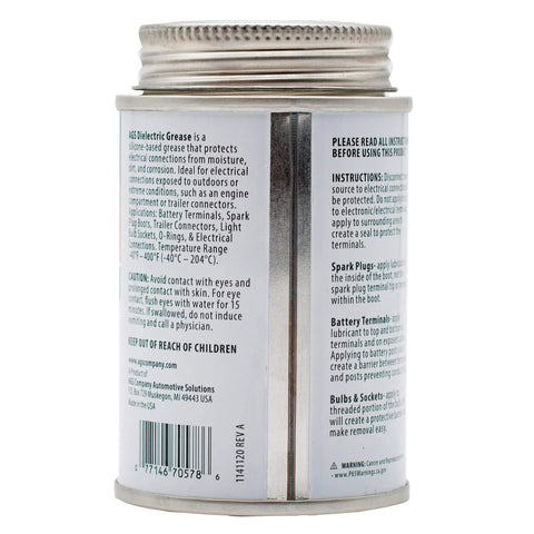 Side view of AGS Automotive Solutions Brush Top Can Dielectric Silicone Grease Compound, 4oz, information label visible.