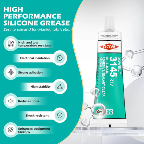 DOWSIL 3145 RTV Silicone Adhesive Sealant tube, high performance, silicone grease, features highlighted in graphic, focus keyword unavailable.