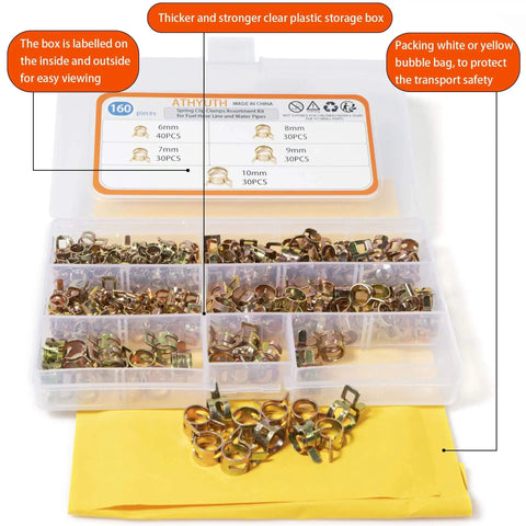 Durable 65Mn spring steel silicone vacuum hose clamps kit with 160 pieces in 6-10 mm sizes in a clear storage case