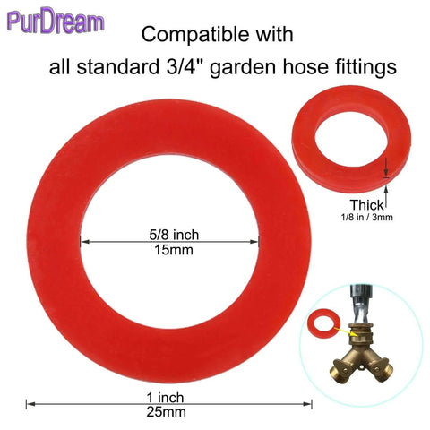Silicone Hose Washers Set for Outdoor Garden Hoses and Faucets, 40 Pack Red O-Rings showing dimensions and compatibility info
