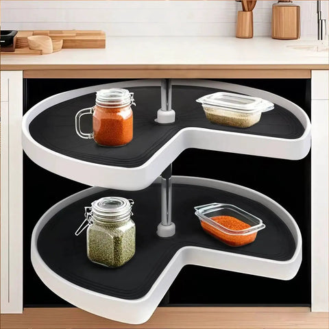 Two Pack 27 Inch Silicone Lazy Susan Shelf Liner Non Slip For Kitchen Cabinets with jars, organized spices.