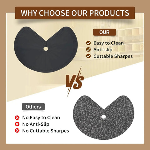 Comparison of Two Pack 27 Inch Silicone Lazy Susan Shelf Liner Non Slip For Kitchen Cabinets, highlighting easy clean and anti-slip features.