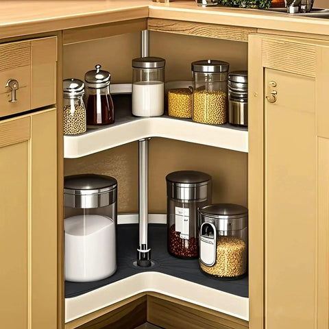 Two Pack 27 Inch Silicone Lazy Susan Shelf Liner Non Slip For Kitchen Cabinets Drawers Mats Placemat Coaster Craft Mat Multi Purpose Use Durable Non Slip Surface Easy To Clean Heat Resistant Flexible Design Keeps Items In Place installed in a corner cabinet with jars and bottles