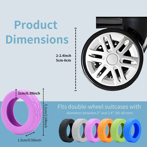 Silicone Luggage Wheel Covers Protector Set For Travel And Office Chair Casters Wear Resistant Anti Noise Shock Absorption Soft Stretchable Covers That Reduce Drag And Vibration Quiet Purple, with dimensions and color options displayed.