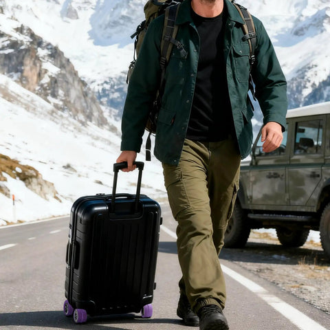 Man walking with suitcase using Silicone Luggage Wheel Covers Protector Set For Travel And Office Chair Casters Wear Resistant Anti Noise Shock Absorption Soft Stretchable Covers That Reduce Drag And Vibration Quiet Purple on a snowy mountain road