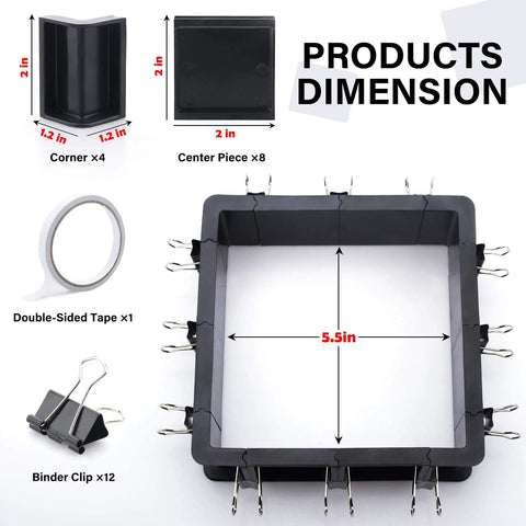Adjustable Silicone Mold Housing Kit For DIY Resin, Soap, And Candle Molds with plastic frame, corner pieces, binder clips, and tape.