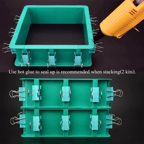 Adjustable Mold Housing Kit For Silicone Molds with leak proof plastic frame, shown with hot glue for sealing when stacking two kits