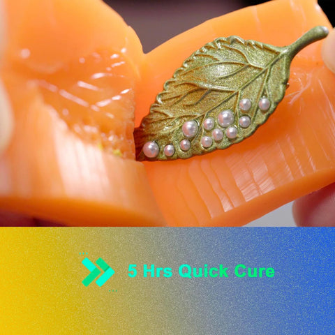 Close-up of silicone mold being peeled to reveal a leaf-shaped resin cast. Text: '5 Hrs Quick Cure'