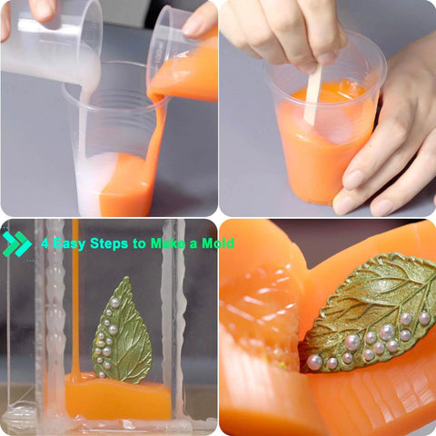 Silicone Mold Making Kit For Resin Soap And Candle Casting With 1A1B By Volume 15A Shore Fast Cure Low Viscosity Silicone 2.2 Lb Kit Leak Proof Bottles Easy One To One Mix Ideal For DIY Mold Creations demonstrating steps of mixing and casting an orange silicone with a leaf mold.