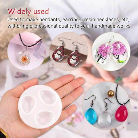 Hand holding Water Drop Pendant Silicone Molds for Resin Casting Jewelry Making 2 Pack With Hole, examples of completed resin jewelry shown.