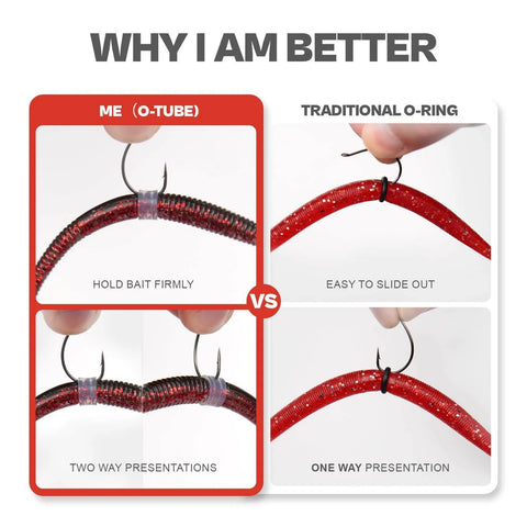 Comparison of Pro Grade Heavy Duty Silicone O Tubes and traditional O-rings securing red Senko worms with hooks