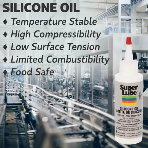 Super Lube Silicone Oil High & Low Temp CST (Clear, 4oz Bottle) in front of industrial machinery, showcasing temperature stability features.