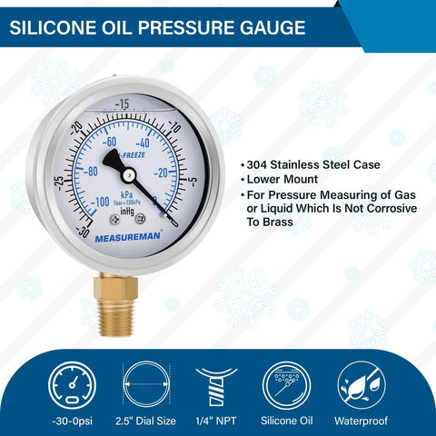 MeasureMan 2.5-inch HVAC compound gauge, 30 inHg vacuum, silicone oil-filled, stainless steel case, 1/4 NPT lower mount.