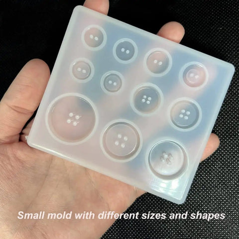 4 Pack Round Button Silicone Molds TuNan Set in hand showing 7 sizes for resin casting, flexible and reusable, 10mm to 30mm