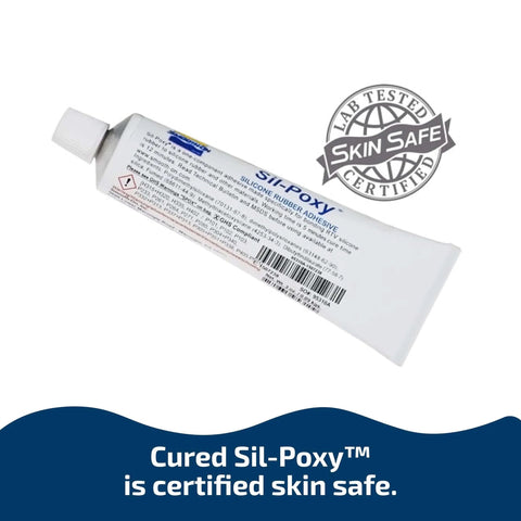 Tube of one-component silicone rubber adhesive, 3 oz, lab tested skin safe, for bonding RTV silicone and various substrates.