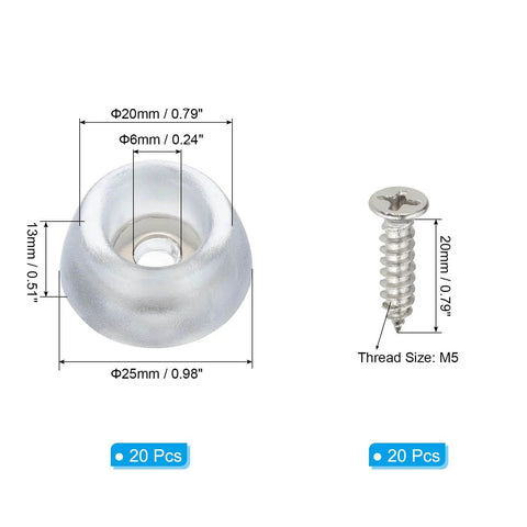 20 Pack No Slip Rubber Feet Bumpers For Cutting Boards And Furniture Round Silicone Bottom Caps With Stainless Screws Clear Anti Slip Pads For Kitchen Appliances 0.98 Inch Diameter 0.51 Inch High M5 Thread.