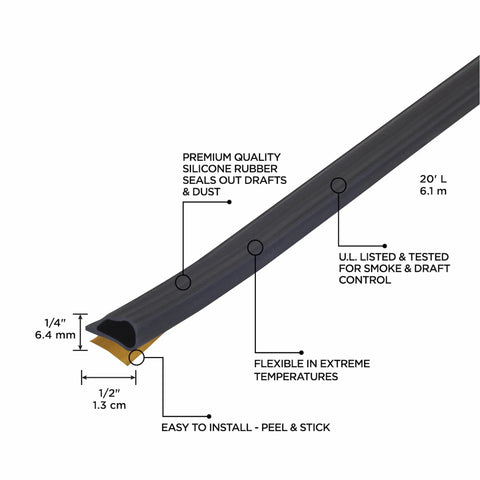 Side view of black silicone gasket seal strip, 20 ft long, 1/4 in tall by 1/2 in wide, self-adhesive for doors and windows.