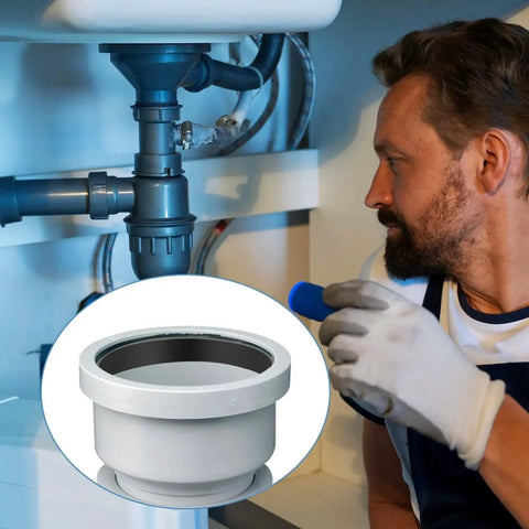Plumber inspecting pipe with silicone seal ring washer set for 1 and a half inch drain pipes ten pack highlighted
