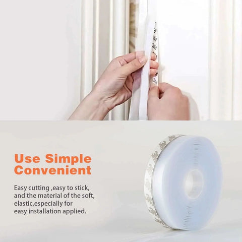 26 Feet Silicone Seal Strip shown being applied to a door, highlighting adhesive backing; includes product roll, transparent 45MM.