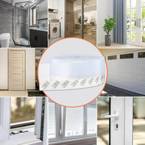 Collage showcasing uses of 26 Feet Silicone Seal Strip,Door Weather Stripping, Sealing Tape for Door Draft Stopper Adhesive Tape for Doors Windows and Shower Glass Gaps (Transparent, 45MM)
