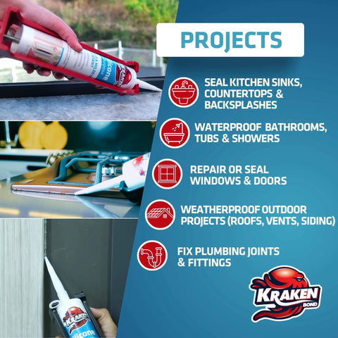 White Silicone Sealant Caulk For Kitchen And Bath, Waterproof RTV Silicone Caulk For All Purpose Indoor Outdoor Use, shown sealing projects