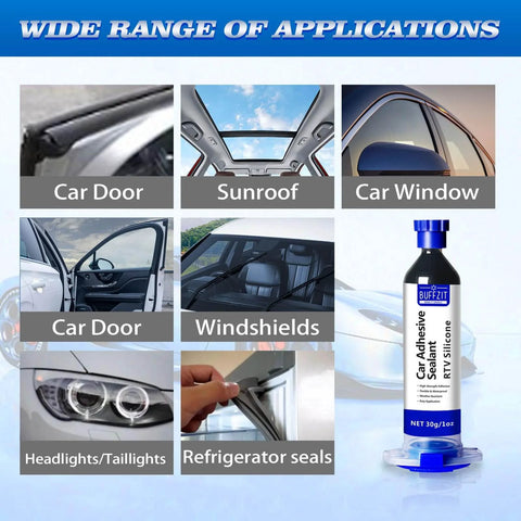 Silicone Adhesive Sealant For Auto And Home Use, 100 Percent Waterproof Black Caulk With A Super Strong Bond That Wont Shrink Or Crack, Perfect For Gaskets Engine Sunroof Headlights Windows And Easy Home Repairs, 30g shown with application examples for car doors, windows, sunroof, headlights, and home seals.