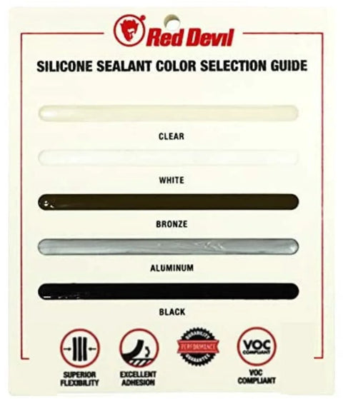 Silicone Sealant Color Selection Guide showing clear, white, bronze, aluminum, and black samples with Red Devil logo.