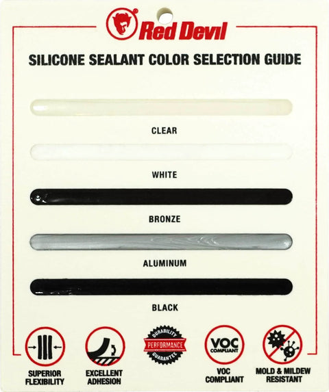 Red Devil silicone sealant color selection guide showing clear, white, bronze, aluminum, and black swatches