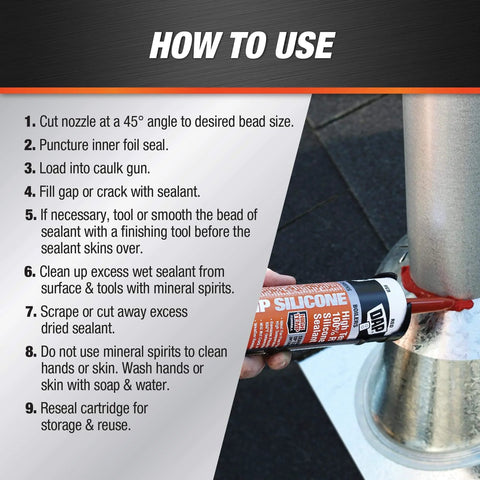 Instructions for using Heavy-Duty High Temp 100 Percent RTV Silicone Sealant Red 10.3 Oz Flexible Up To 550 Degrees F