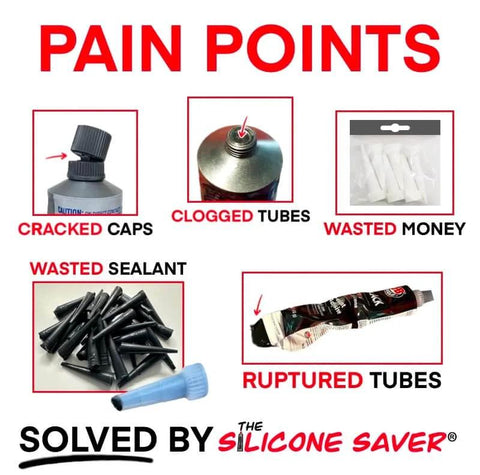 Pain points of using silicone sealant tubes without Anti-Clog Dispenser Caps For RTV Silicone Sealant 3oz Flexible Tubes highlighted.