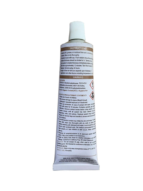 Back view of SIL Flex RTV 7500 Multi Surface Silicone Sealant And Adhesive tube showing instructions and safety warnings.