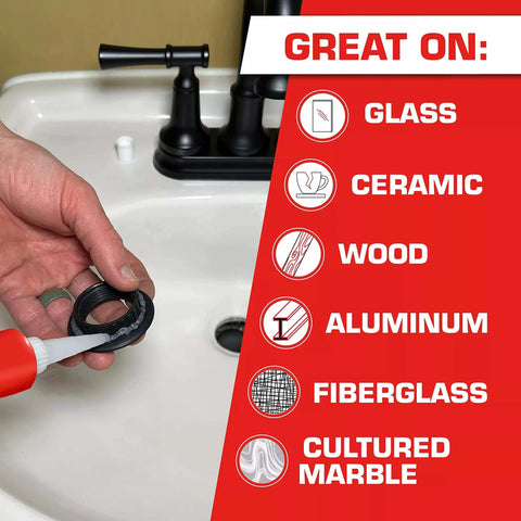 Hand applying clear silicone sealant on sink, showing great use on glass, ceramic, wood, aluminum, fiberglass, marble surfaces.