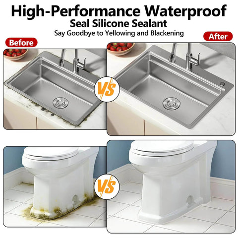 Comparison of kitchen sink and toilet before and after applying Pro Grade Advanced Silicone Caulk for kitchen and bathroom sealing.