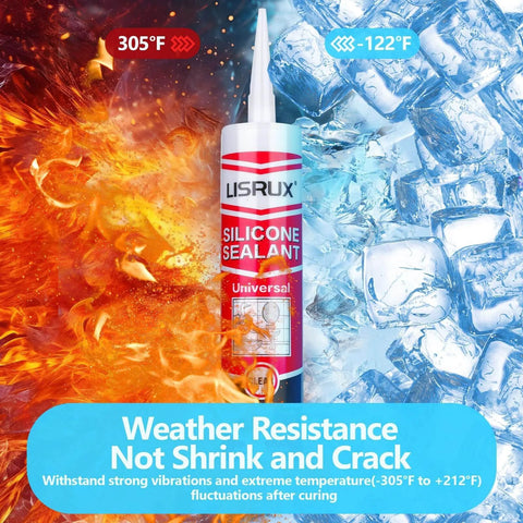 Pro Grade Advanced Silicone Caulk For Kitchen And Bathroom 10 Fl Oz Cartridges 12 Pack 100 Percent Waterproof RTV Sealant With Stronger Adhesion Shrink Proof Crack Proof Flexible For 15 Year Durability against fire and ice background.