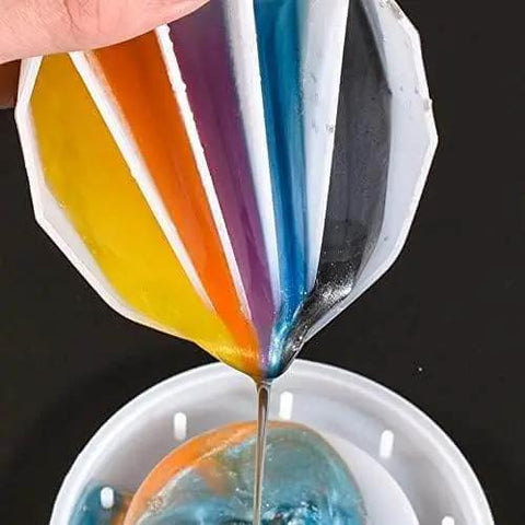Pouring colorful paint from Resin Art Split Cup Set With Three Compartments Silicone Mixing Cups For Fluid Art And Acrylic Pouring Easy Pour Spout For Precise Drip Free Pouring Resin Casting Craft Supplies With Multi Color Mixing Capability