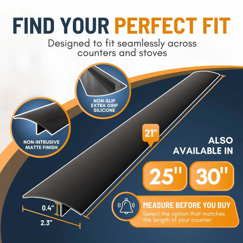 Side view of 21-inch silicone stove gap covers, 2-pack, heat resistant, easy to clean, seals gap to block crumbs and spills.